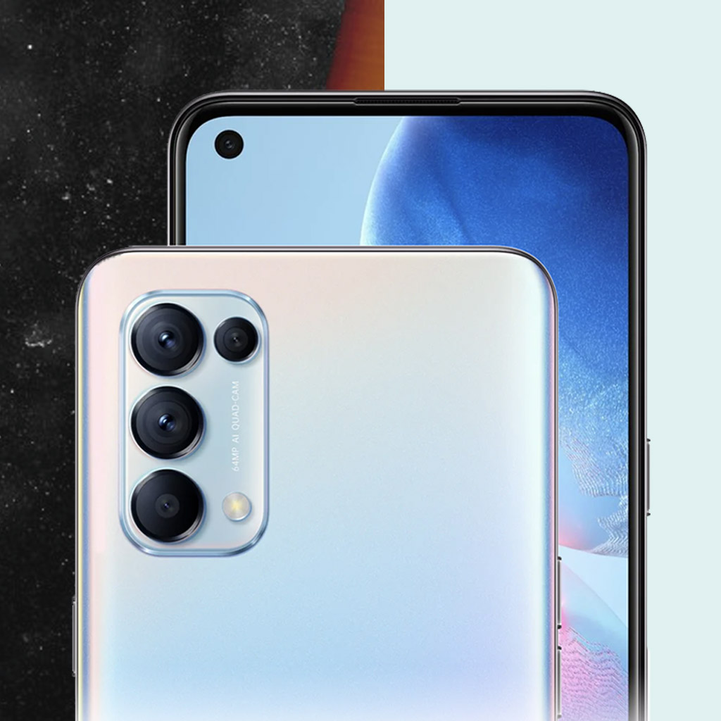 The OPPO Reno5's front camera is set at a crisp 44MP, while its main rear camera is 64MP, accompanied by an array of Ultra Wide-angle, Macro, and Mono cameras.