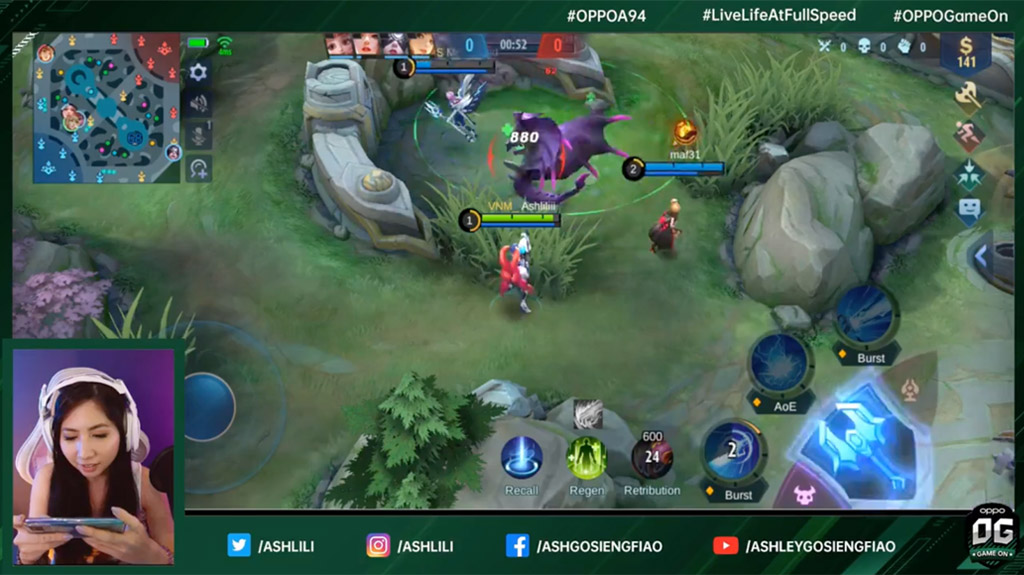 Ashley during her Mobile Legends: Bang Bang live stream using her OPPO A94 as her gaming smartphone