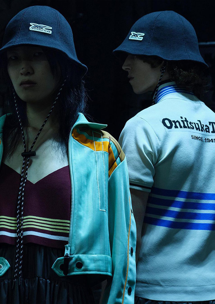 Onitsuka Tiger Spring/Summer 2022 features horizontal stripes on tracksuits, jackets, dresses, shorts, and skirts.