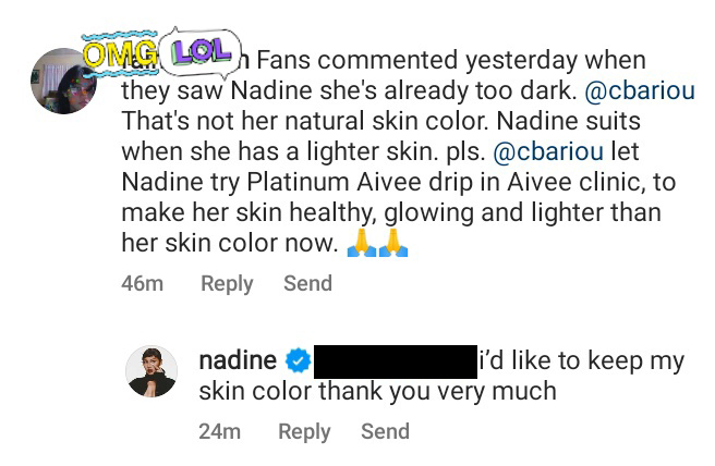 Nadine Lustre embracing her natural skin color