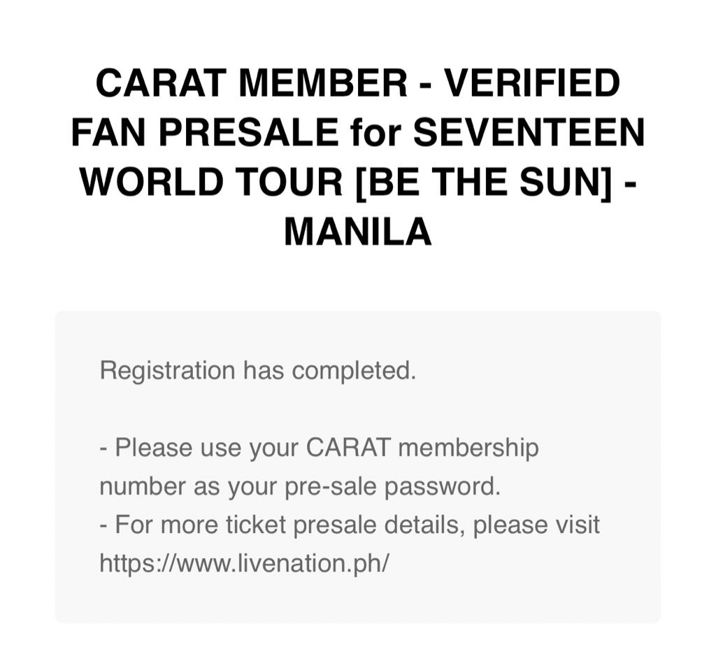 Sample presale registration confirmation for SEVENTEEN's Be The Sun Concert in Bulacan in 2022